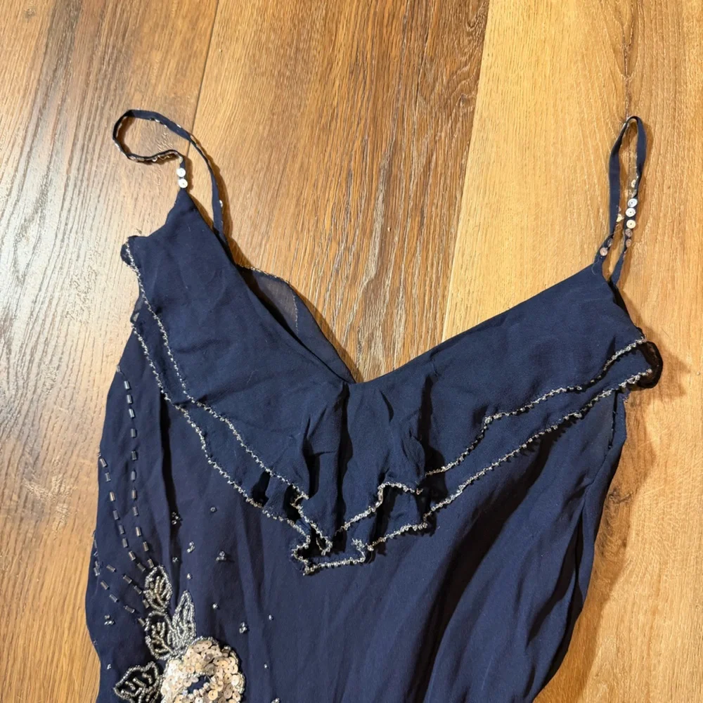 Vintage Y2K 100% Silk Beaded Dress Blue Floral Beaded Fairy Ruffle Prom Dress - Picture 6 of 16